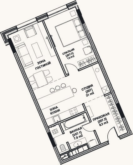 Планировка: 2-к, 63,5 м²
