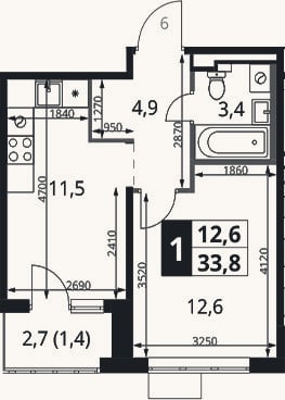 Планировка: 1-к, 32,4 м²