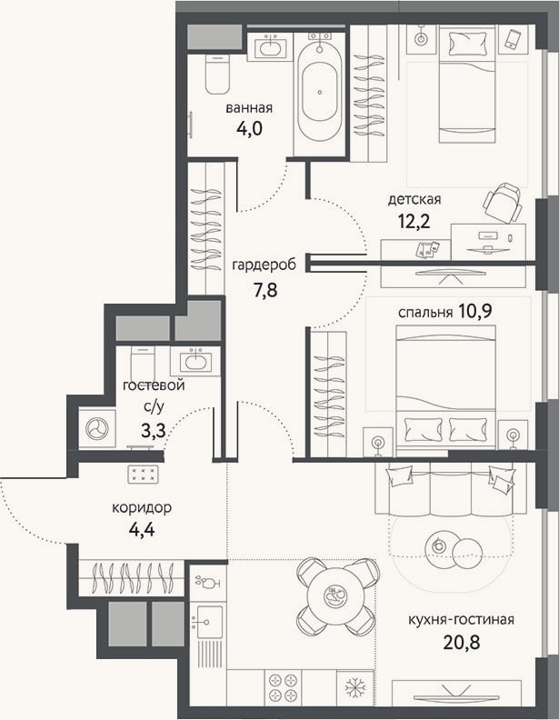 Планировка: 3-к, 63,4 м²