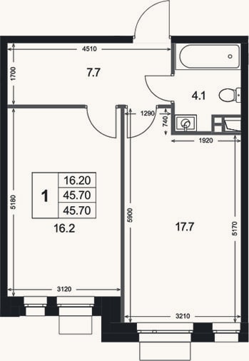 Планировка: 1-к, 45,7 м²