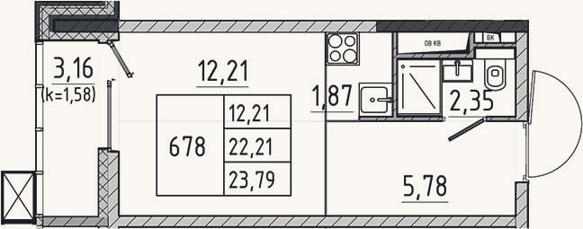 Планировка: Студия, 22,2 м²