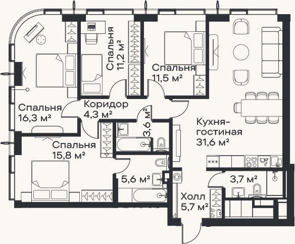 Планировка: 4+ к, 109,3 м²