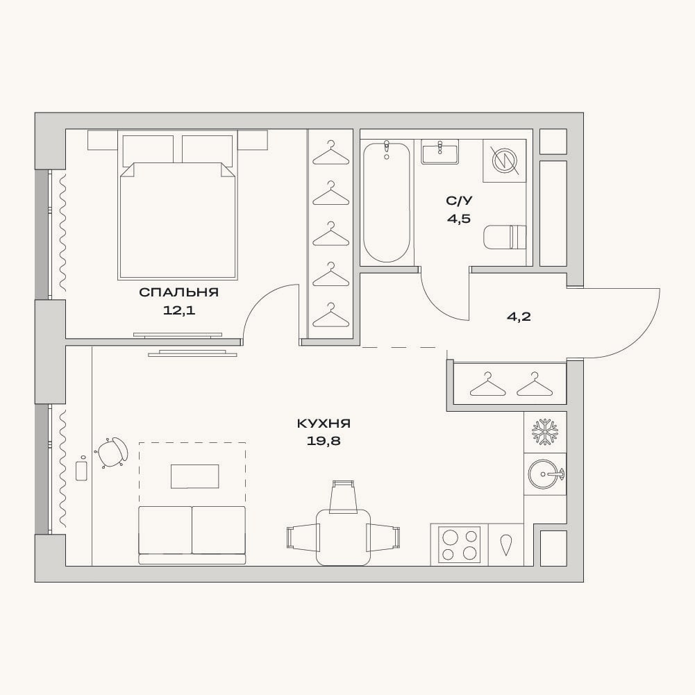 Планировка: 2-к, 40,6 м²