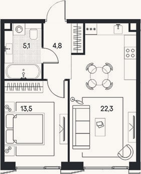 Планировка: 2-к, 45,7 м²