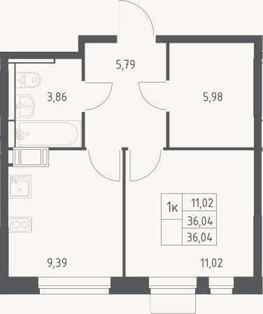 Планировка: 1-к, 36 м²