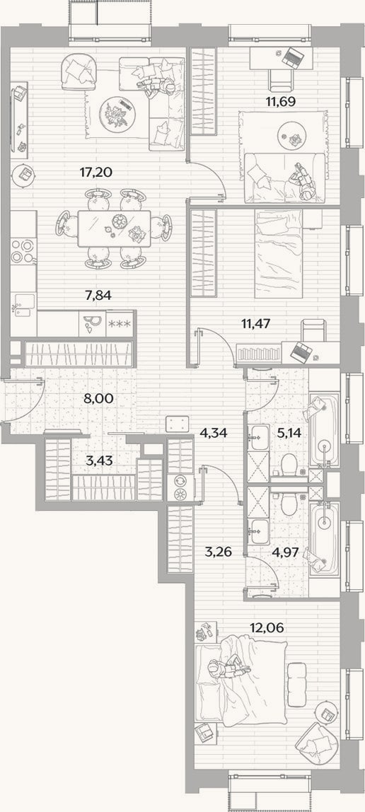 Планировка: 4+ к, 89,4 м²