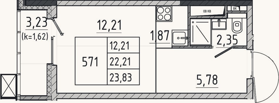 Планировка: Студия, 22,2 м²