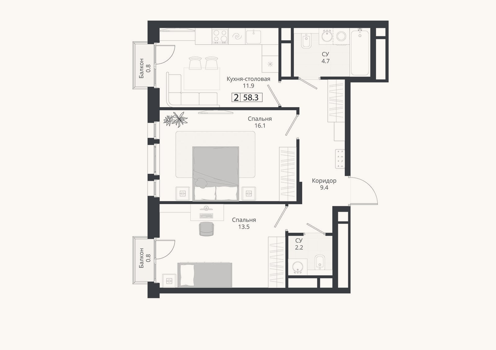 Планировка: 3-к, 57,8 м²
