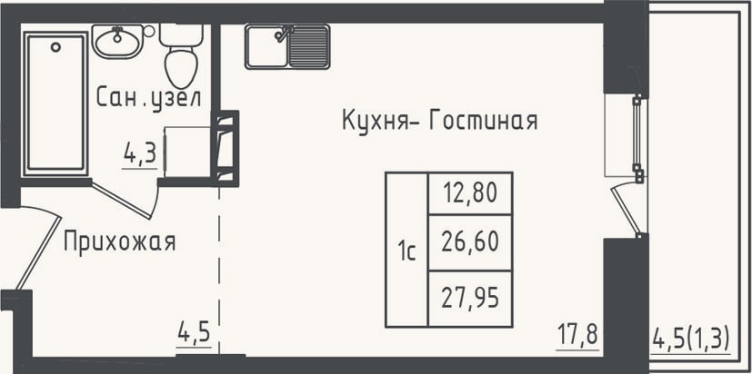 Планировка: Студия, 26,6 м²