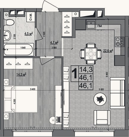 Планировка: 2-к, 46,1 м²