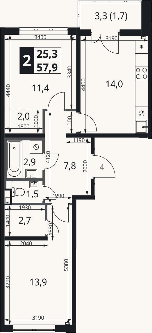 Планировка: 2-к, 56,2 м²