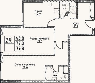 Планировка: 2-к, 77,8 м²