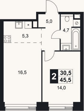 Планировка: 2-к, 45,5 м²
