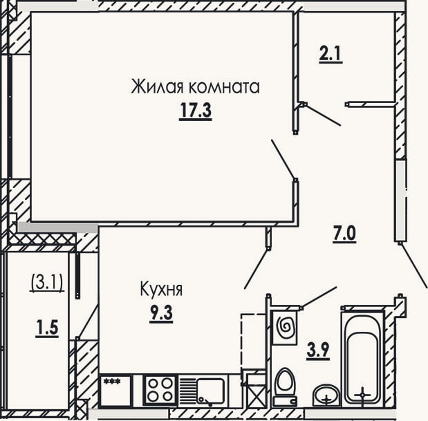 Планировка: 1-к, 39,6 м²