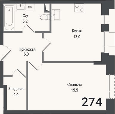 Планировка: 1-к, 42,6 м²