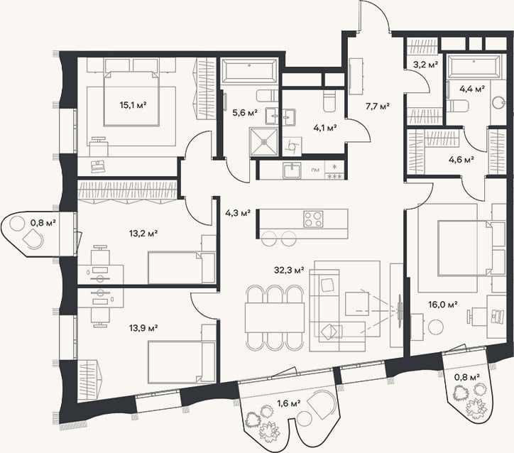 Планировка: 4+ к, 124,4 м²