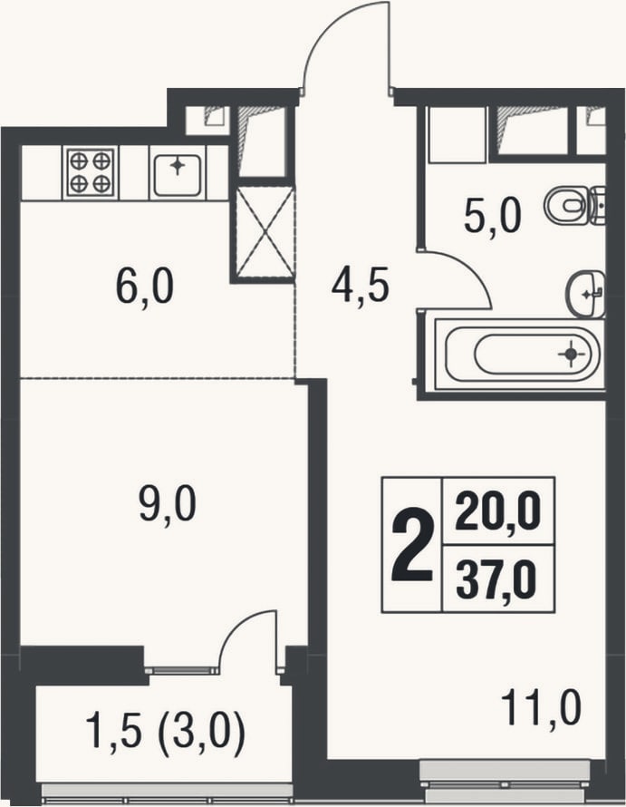 Планировка: 2-к, 35,5 м²