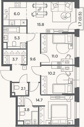Планировка: 4+ к, 82,2 м²