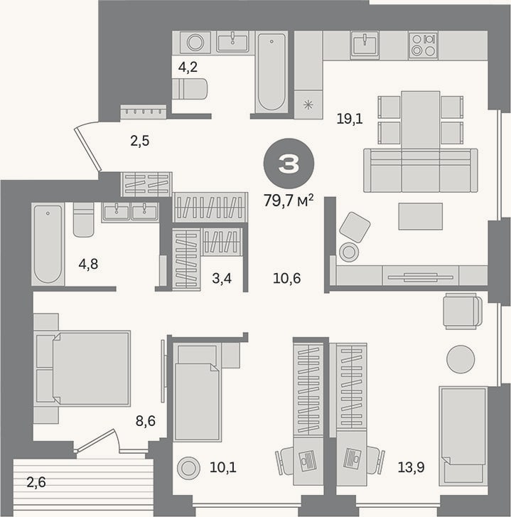 Планировка: 3-к, 77,1 м²