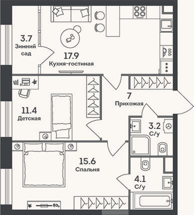 Планировка: 3-к, 59,2 м²