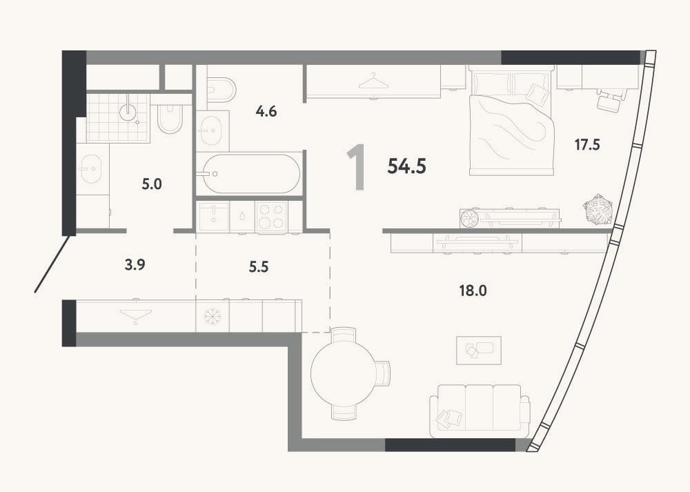 Планировка: 2-к, 54,5 м²