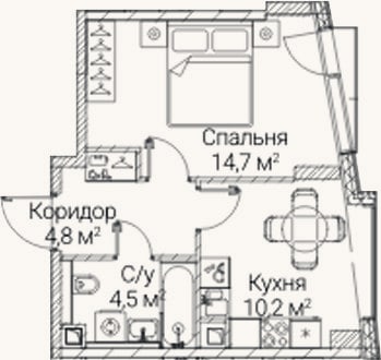 Планировка: 1-к, 34,2 м²