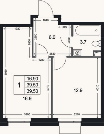 Планировка: 1-к, 39,5 м²