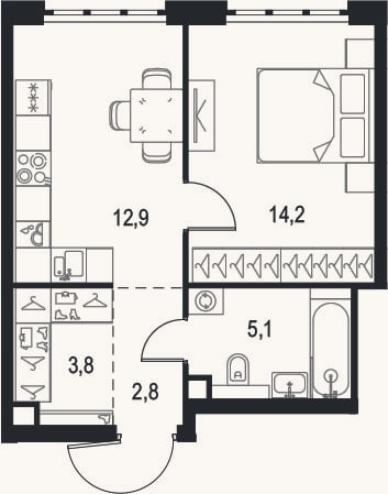 Планировка: 1-к, 38,8 м²