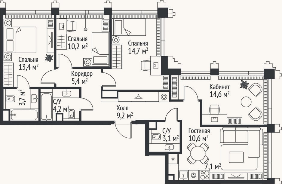 Планировка: 4+ к, 96,2 м²