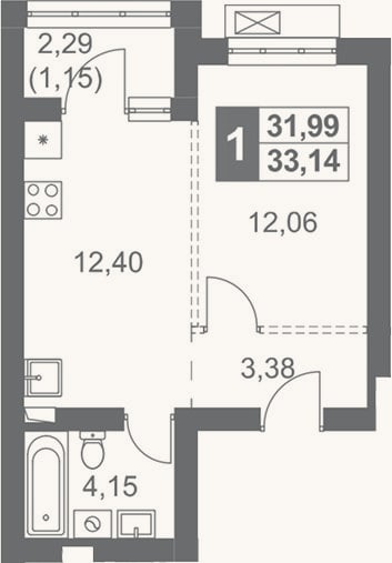 Планировка: 1-к, 32 м²