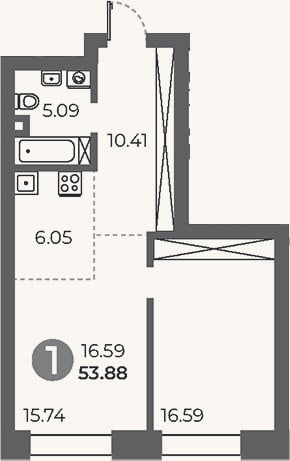 Планировка: 1-к, 53,9 м²