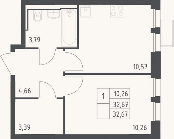 Планировка: 1-к, 32,7 м²