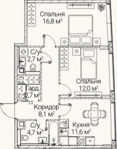 Планировка: 2-к, 58,6 м²