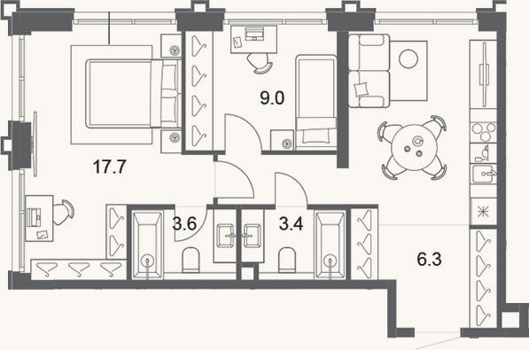 Планировка: 3-к, 56,9 м²