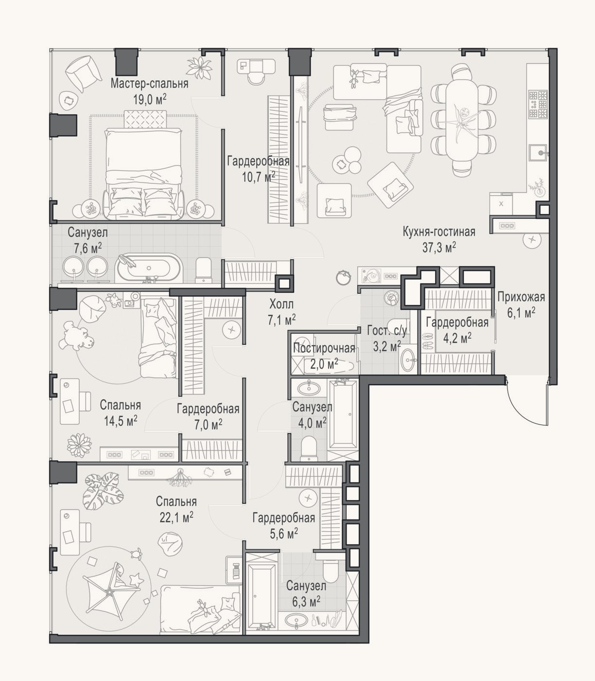 Планировка: 4+ к, 156 м²