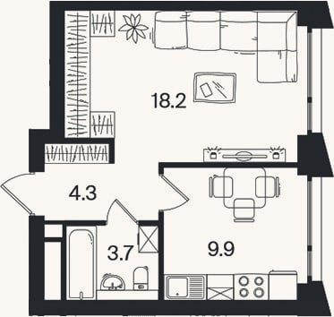 Планировка: 1-к, 36,7 м²