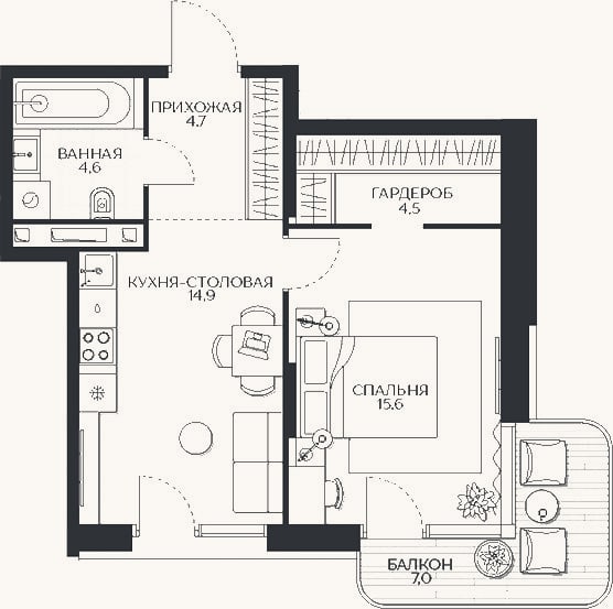 Планировка: 1-к, 49,3 м²