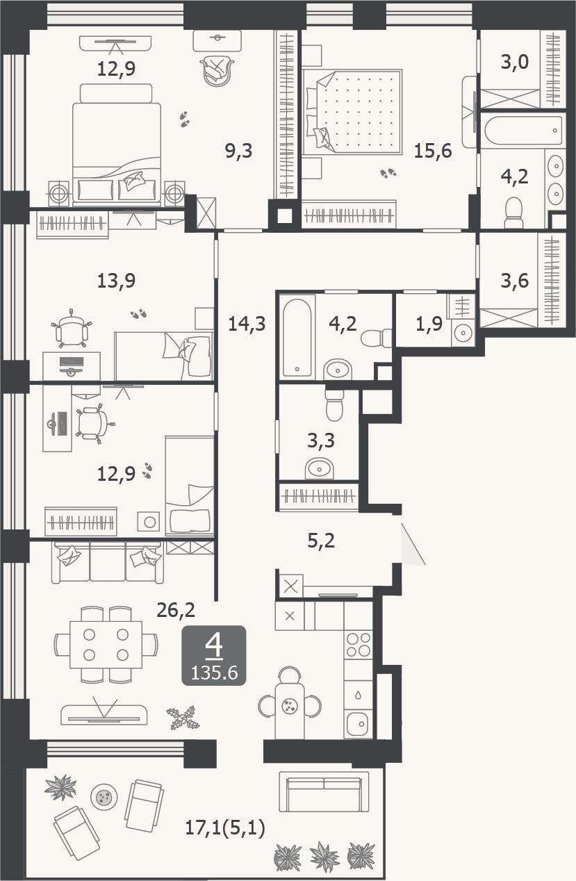 Планировка: 4+ к, 130,5 м²