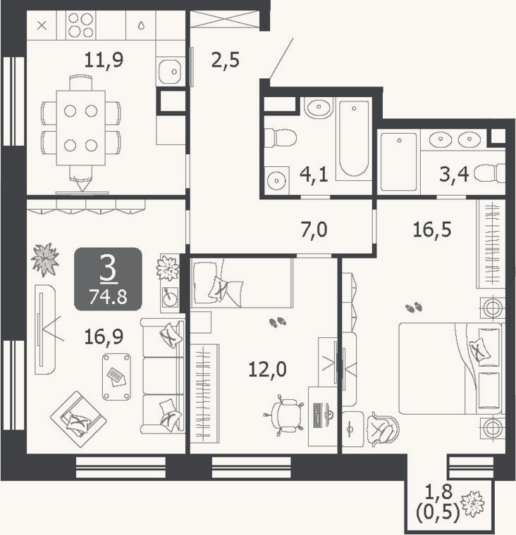 Планировка: 3-к, 74,3 м²