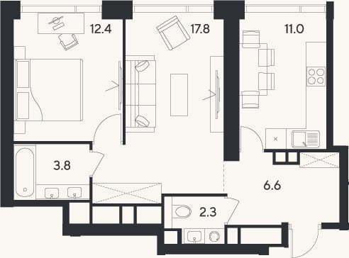Планировка: 2-к, 53,9 м²