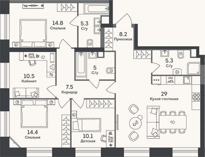 Планировка: 4+ к, 110,1 м²
