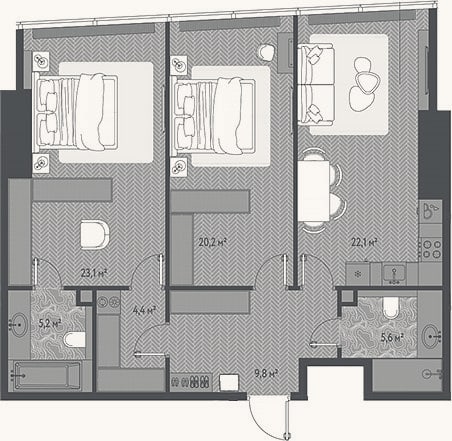 Планировка: 3-к, 90,4 м²