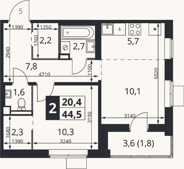 Планировка: 2-к, 42,7 м²