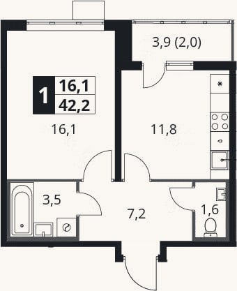 Планировка: 1-к, 40,2 м²