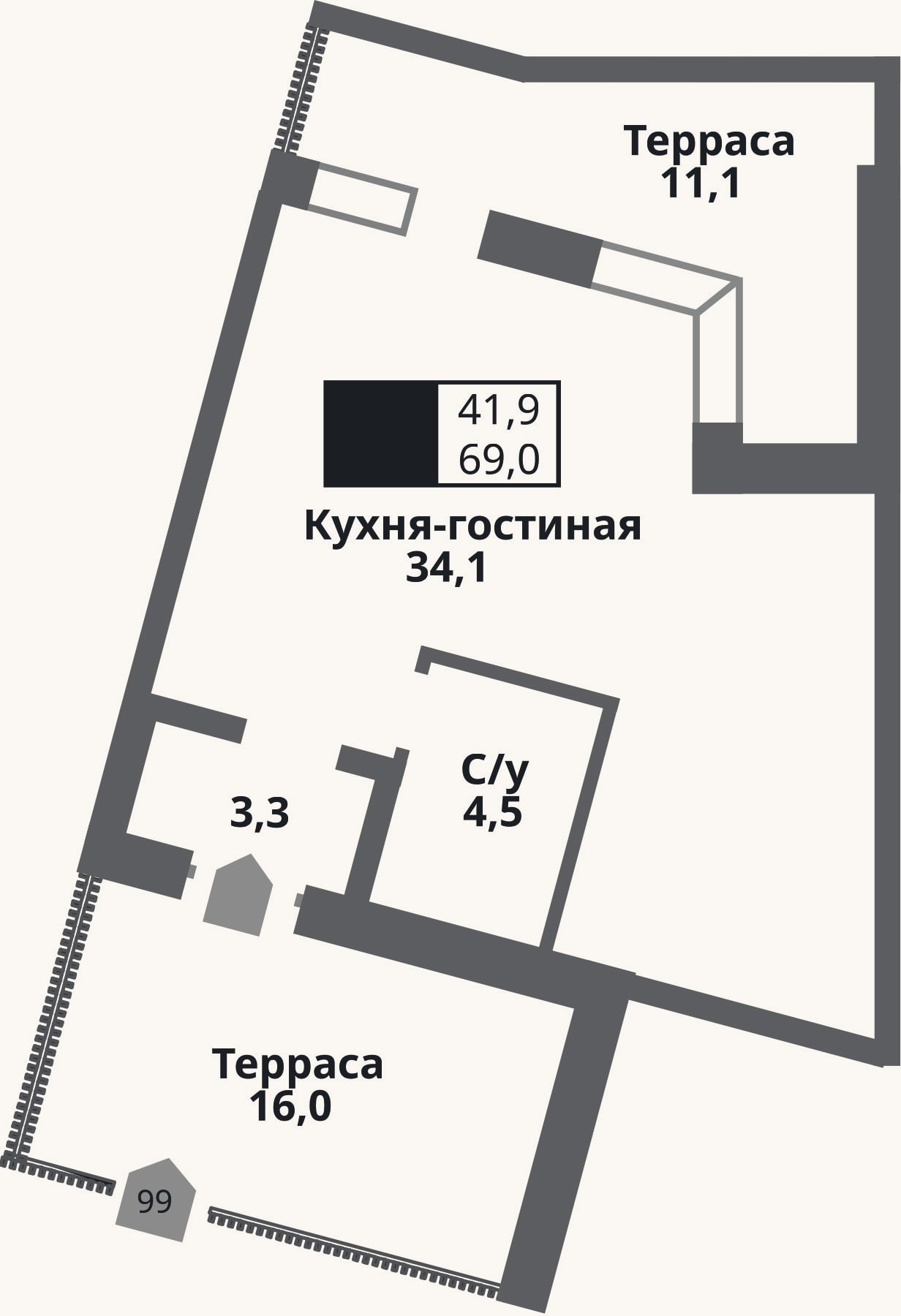 Планировка: Студия, 41,9 м²