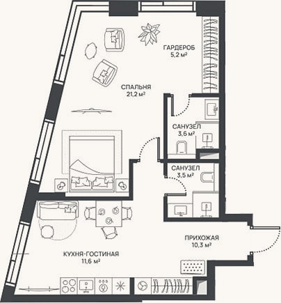 Планировка: 2-к, 55,4 м²