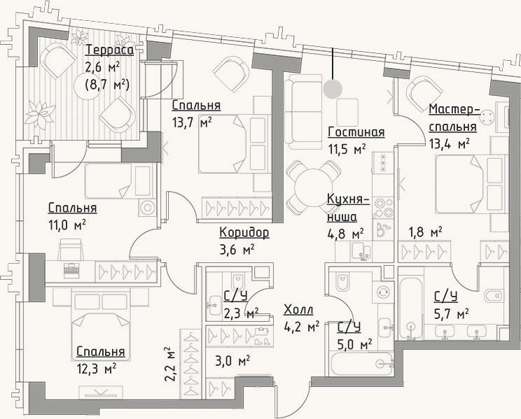Планировка: 4+ к, 94,5 м²
