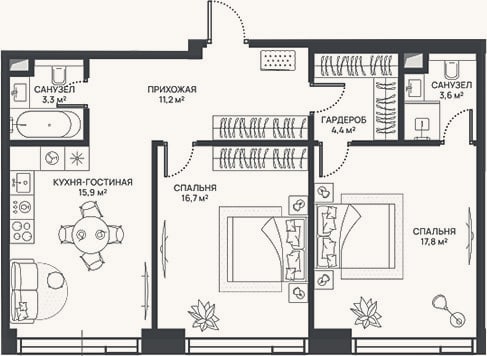Планировка: 3-к, 72,9 м²