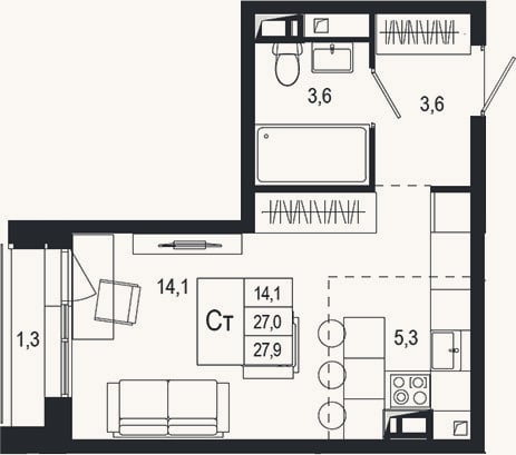 Планировка: Студия, 27 м²