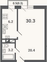 Планировка: 1-к, 29,8 м²